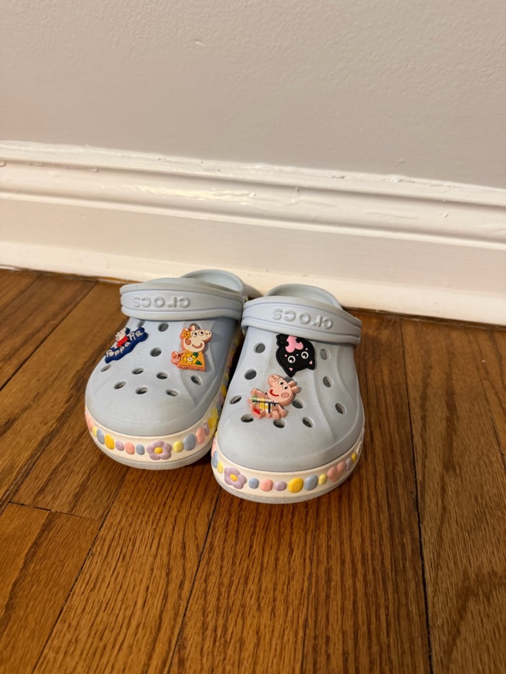 CROCS Kids Pale Blue Clogs with Colorful Bead Trim and Character Jibbitz